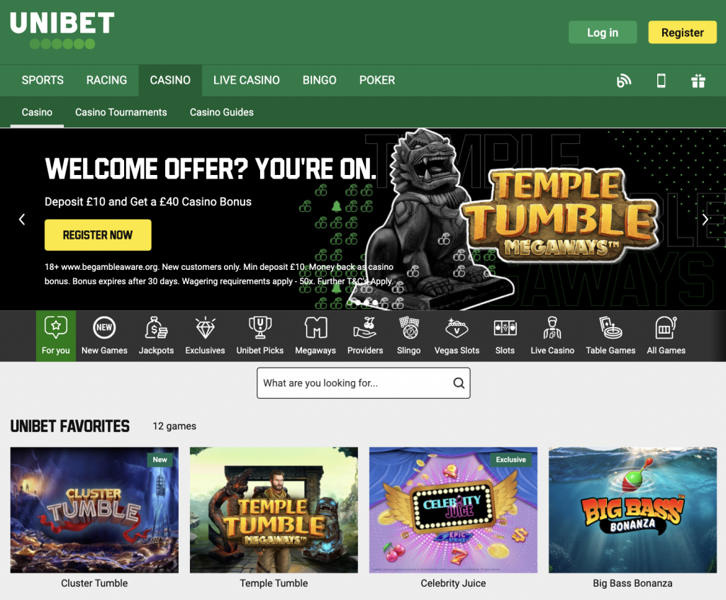 Unibet casino sign up bonus and games screenshot