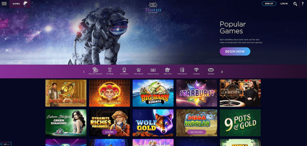 genesis casino games selection screen